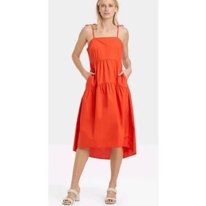 Large Tiered Red Clay MIDI Dress With Pockets Tie Sleeve Who What Wear NWT